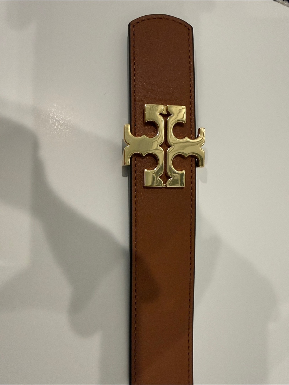 Tory Burch Tan Leather Belt with Gold Logo Buckle